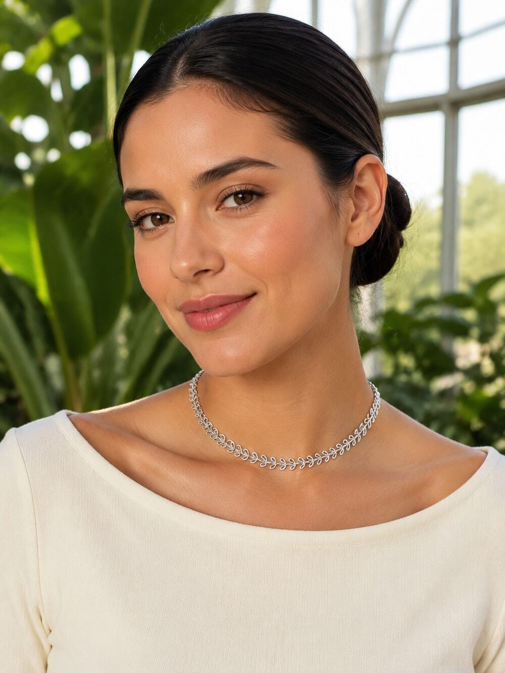 Silver Leaf Link Choker Necklace Botanical Minimalist Cottagecore Adjustable